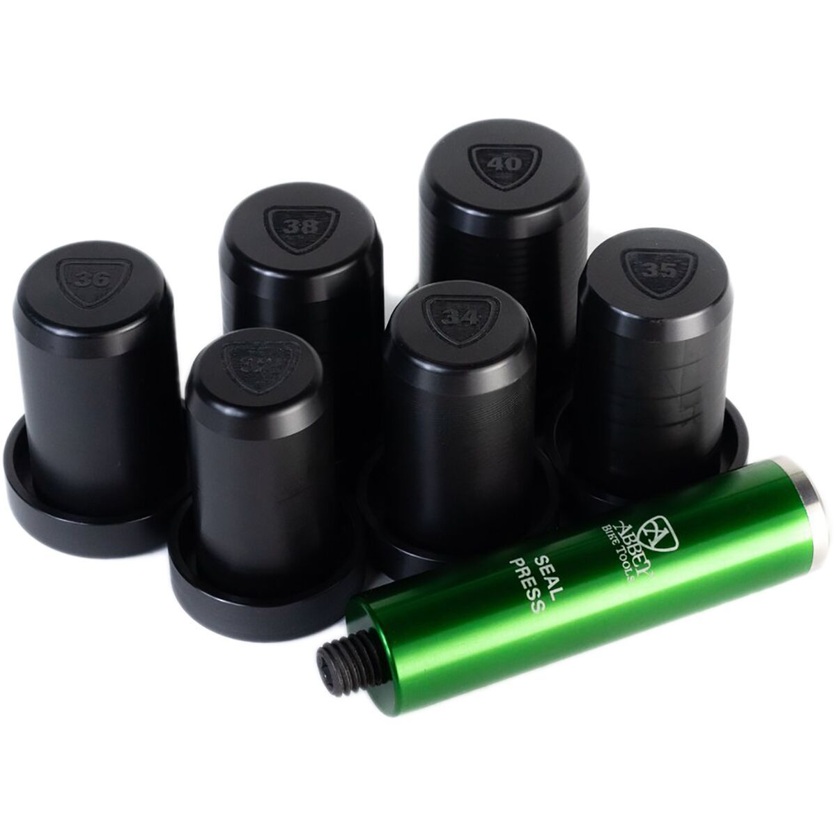 Abbey Bike Tools Fork Seal Press Set + Handle Green/Black, 32/34/35/36/28/40mm