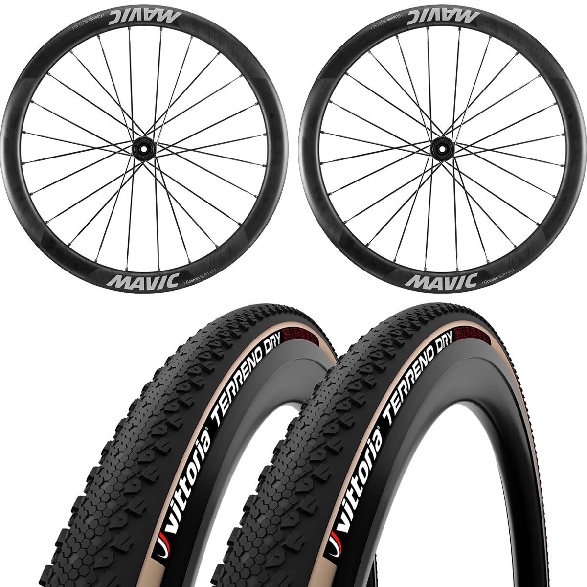 Mavic Mavic Cosmic SLR 45 23i Carbon Wheelset/Vittoria Tire Set Tan/Black, Terreno Dry, 700x38