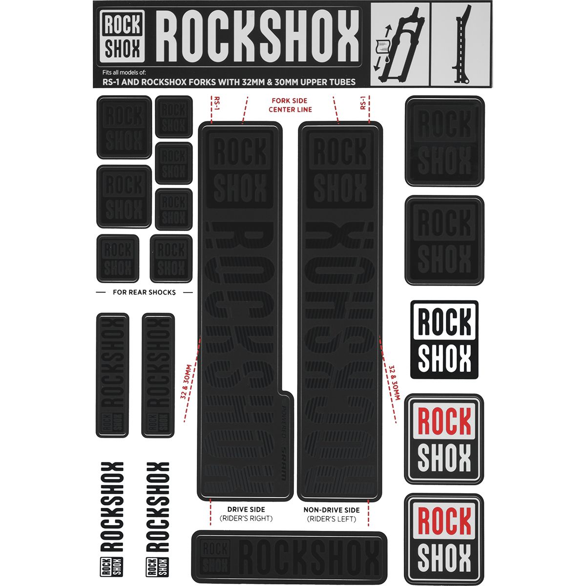 RockShox Decal Kit - 30/32mm in Stealth Black - Size: 30/32mm/SID/Reba/Revelation