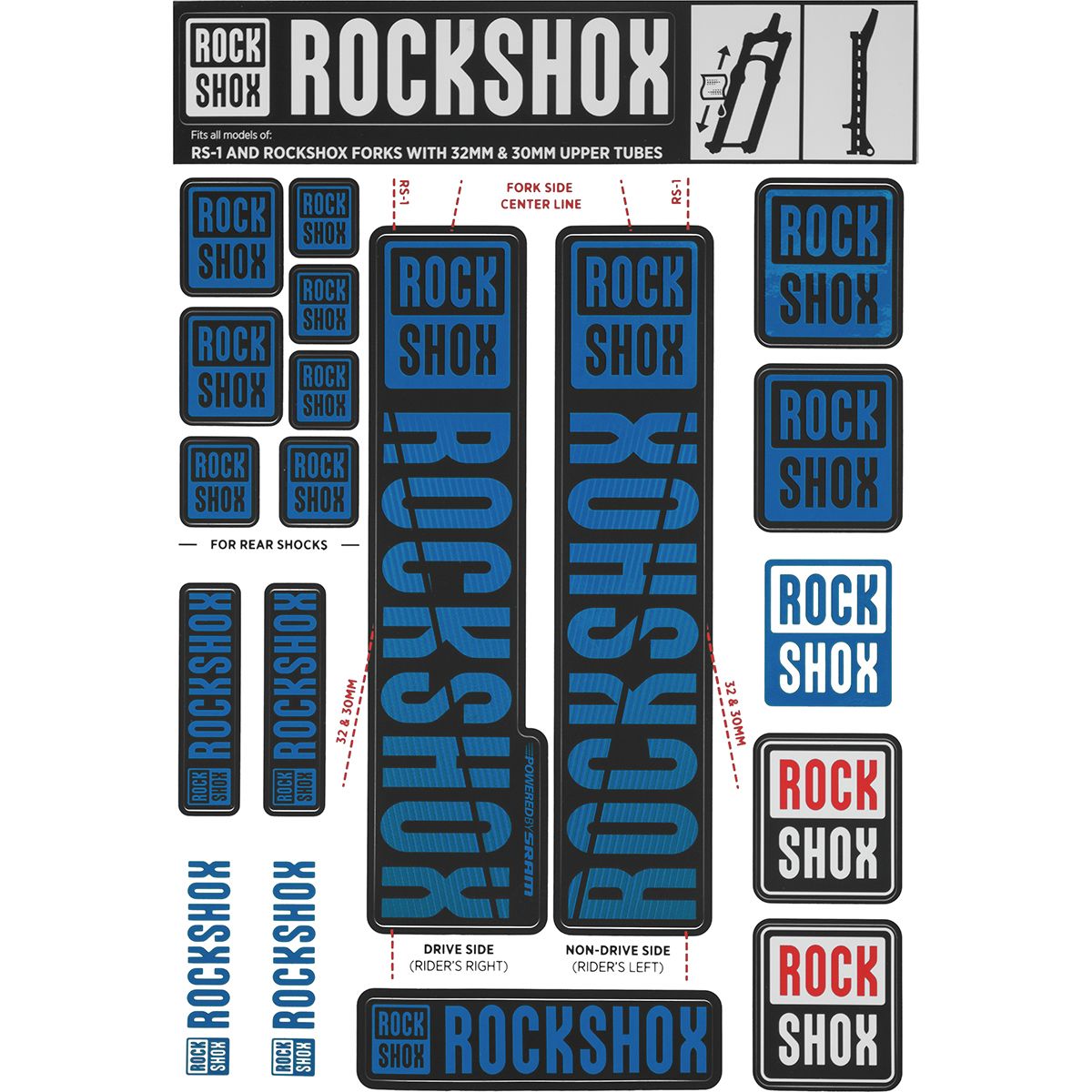 RockShox Decal Kit - 30/32mm Blue, 30/32mm, SID, Reba, Revelation