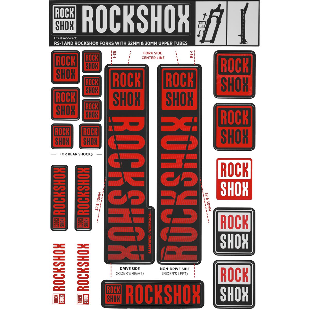 RockShox Decal Kit - 30/32mm in Red - Size: 30/32mm/SID/Reba/Revelation