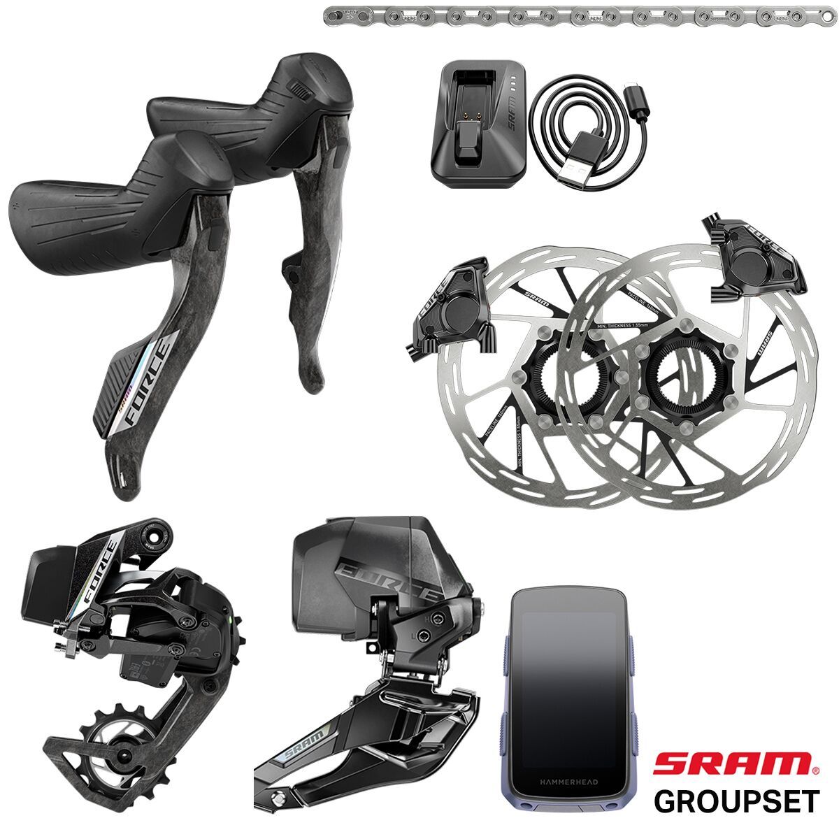 SRAM Force E1 AXS 2X HRD Groupset + Hammerhead Karoo Computer Black, One Size