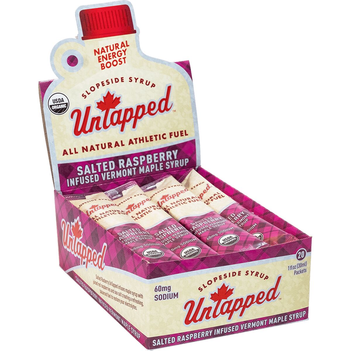 UnTapped Maple Syrup Athletic Fuel Raspberry, Box of 20