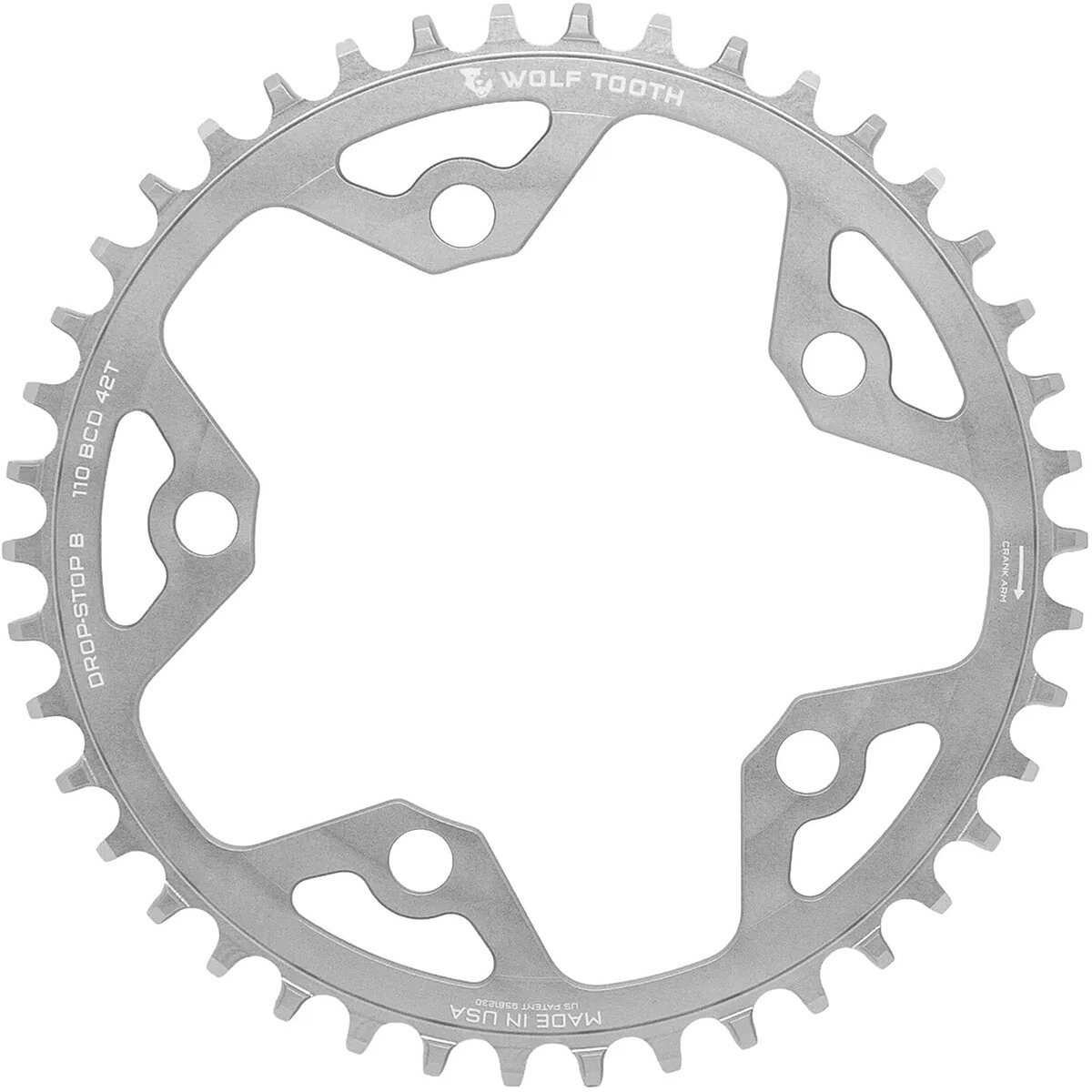 Wolf Tooth Components Drop Stop 5-Bolt SRAM Flattop Chainring Raw Silver, 42t