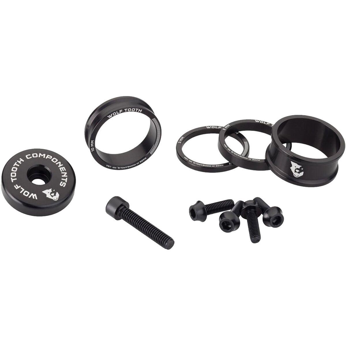 Wolf Tooth Components Anodized Color Kit Black, 3mm,5mm,10mm,15mm Headset Spacers & 5mm Top Cap
