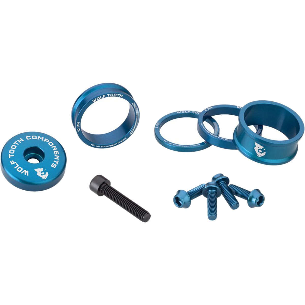 Wolf Tooth Components Anodized Color Kit Blue, 3mm,5mm,10mm,15mm Headset Spacers & 5mm Top Cap