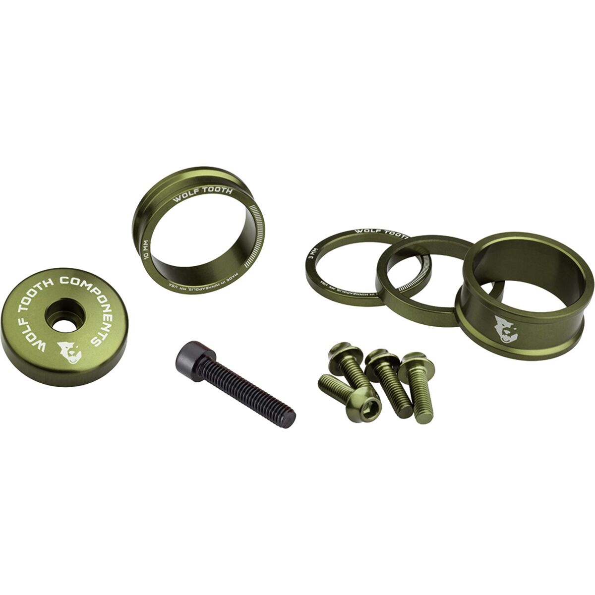Wolf Tooth Components Anodized Color Kit Olive, 3mm,5mm,10mm,15mm Headset Spacers & 5mm Top Cap