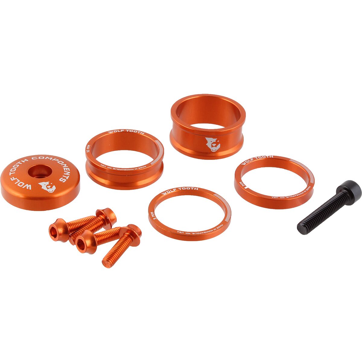 Wolf Tooth Components Anodized Color Kit Orange, 3mm,5mm,10mm,15mm Headset Spacers & 5mm Top Cap