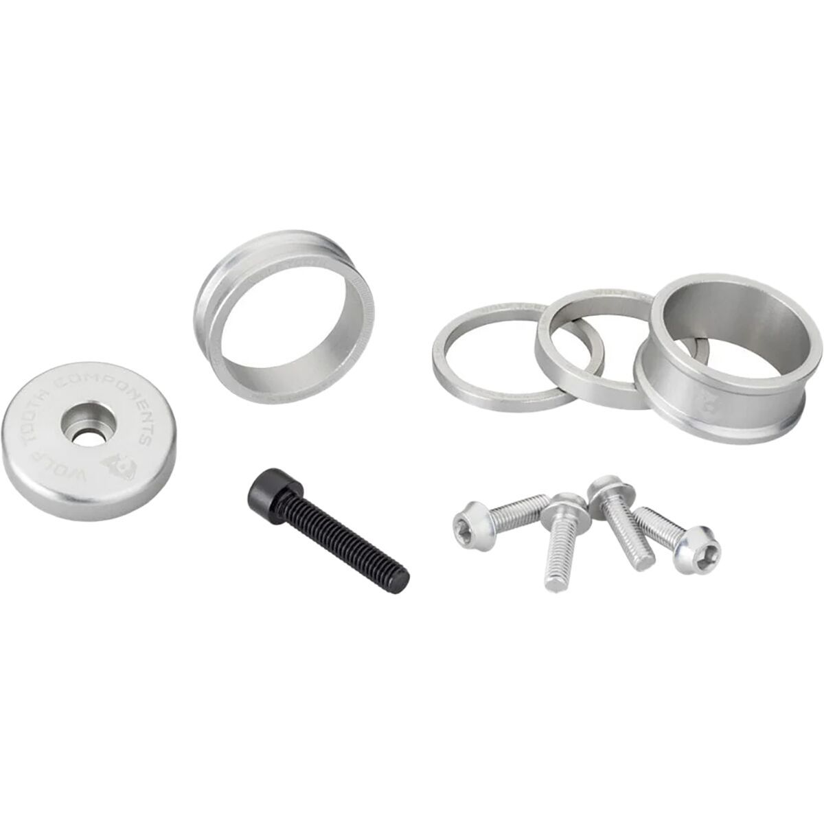 Wolf Tooth Components Anodized Color Kit Raw Silver, 3mm,5mm,10mm,15mm Headset Spacers/5mm Top Cap