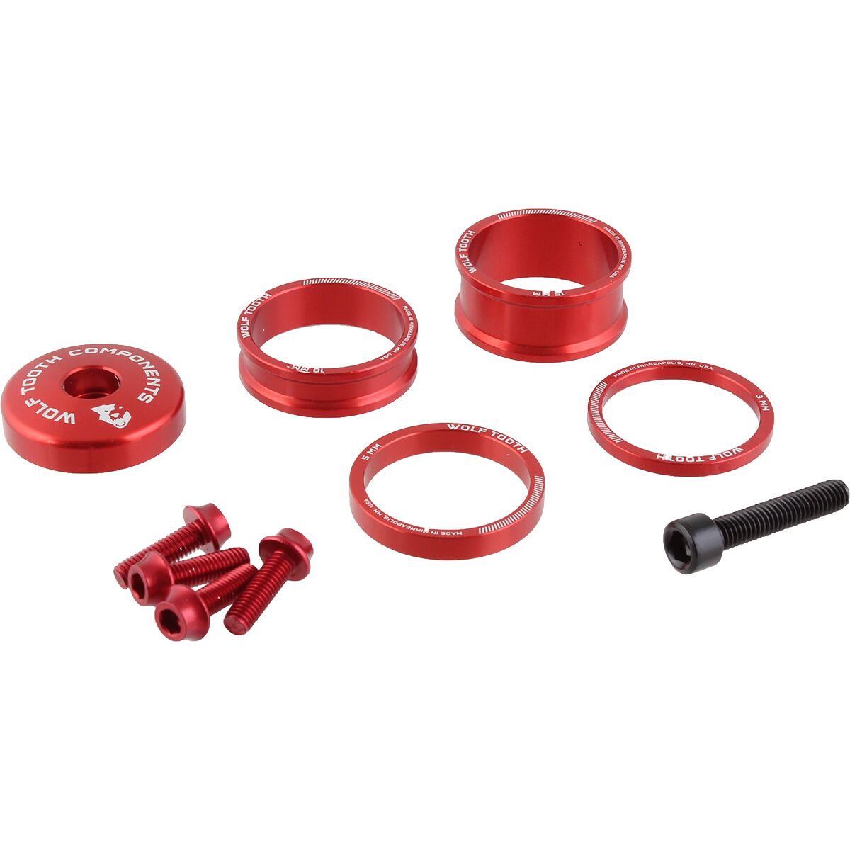 Wolf Tooth Components Anodized Color Kit Red, 3mm,5mm,10mm,15mm Headset Spacers & 5mm Top Cap