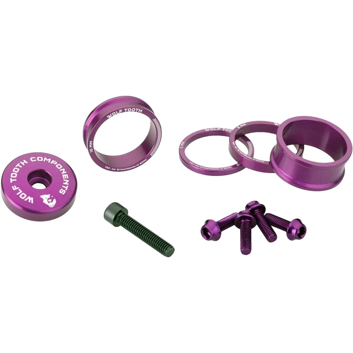 Wolf Tooth Components Anodized Color Kit Ultraviolet Purple, 3mm,5mm,10mm,15mm Headset Spacers & 5mm Top Cap