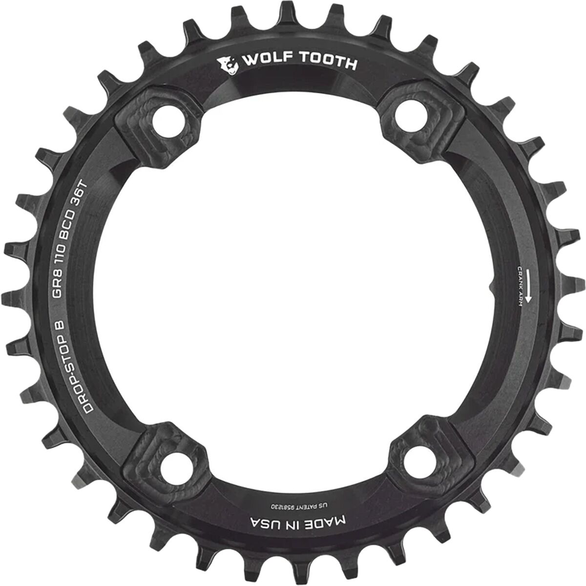 Wolf Tooth Components Drop Stop B Asymmetric 4-Bolt Shimano GRX Chainring Black, 36t